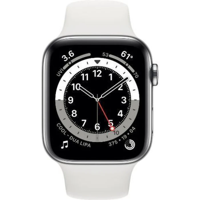 Apple Watch Series 6 (Cellular + GPS) - 32GB - 44mm - Silver Stainless Steel Case with White Rubber Sport Band by Apple - Image 1