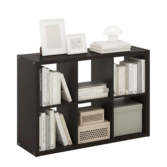 Furinno Cubicle Book Shelf, 6-Cube Thick Frame Bookshelf, Horizontally & Vertically Reversible Bookcase with Open Back, 14.6 x 43.8 x 30, for Living Room, Bedroom, Home Office, Black Dark Oak by Furinno - Image 1