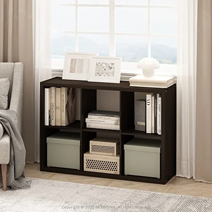 Furinno Cubicle Book Shelf, 6-Cube Thick Frame Bookshelf, Horizontally & Vertically Reversible Bookcase with Open Back, 14.6 x 43.8 x 30, for Living Room, Bedroom, Home Office, Black Dark Oak by Furinno - Image 2