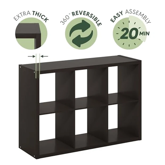 Furinno Cubicle Book Shelf, 6-Cube Thick Frame Bookshelf, Horizontally & Vertically Reversible Bookcase with Open Back, 14.6 x 43.8 x 30, for Living Room, Bedroom, Home Office, Black Dark Oak by Furinno - Image 8