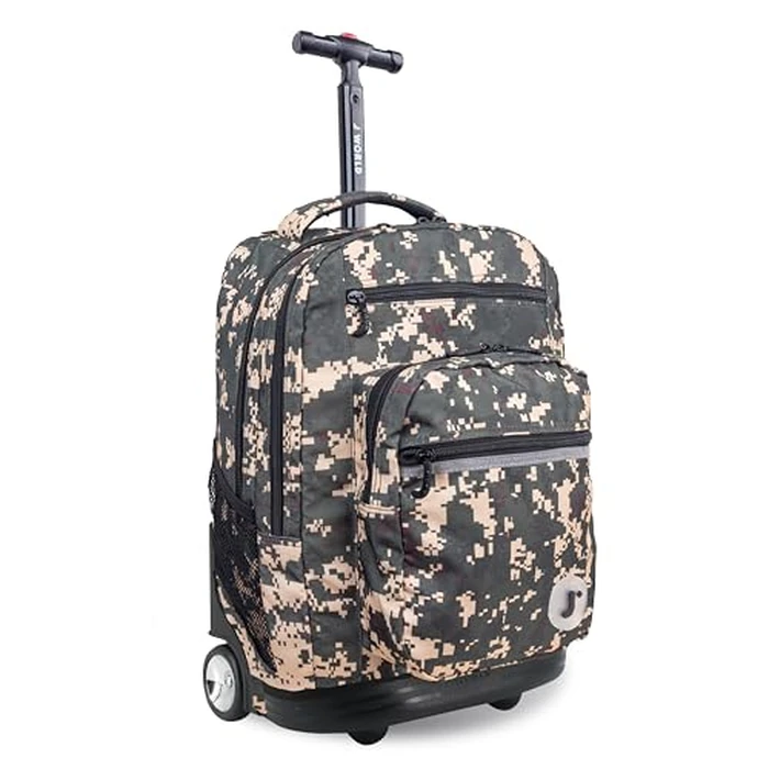 J World Sundance Laptop Rolling Backpack for Girls Boys. Roller Bookbag with Wheels, Green Camo by J World New York - Used - Like New condition