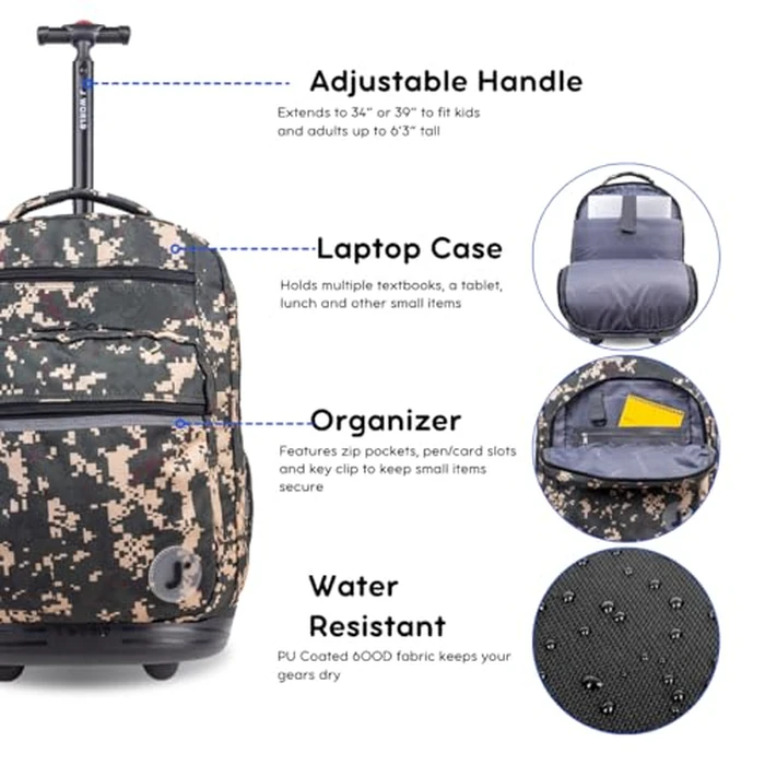 J World Sundance Laptop Rolling Backpack for Girls Boys. Roller Bookbag with Wheels, Green Camo by J World New York - Image 2