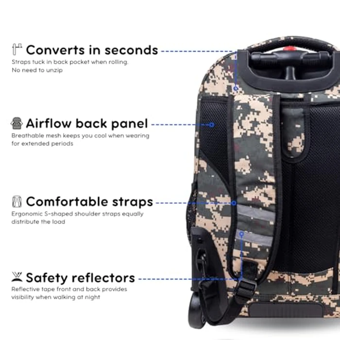 J World Sundance Laptop Rolling Backpack for Girls Boys. Roller Bookbag with Wheels, Green Camo by J World New York - Image 3