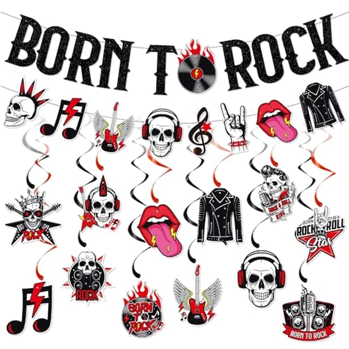 Rock and Roll Party Decoration,Glitter Born to Rock Banner Garland Music Theme Music Note Skull Guitar Ceiling Hanging Swirl Streamers Photo Booth Props for 50s Rock Music Party Decoration Supplies by Boerni - Used - Acceptable condition