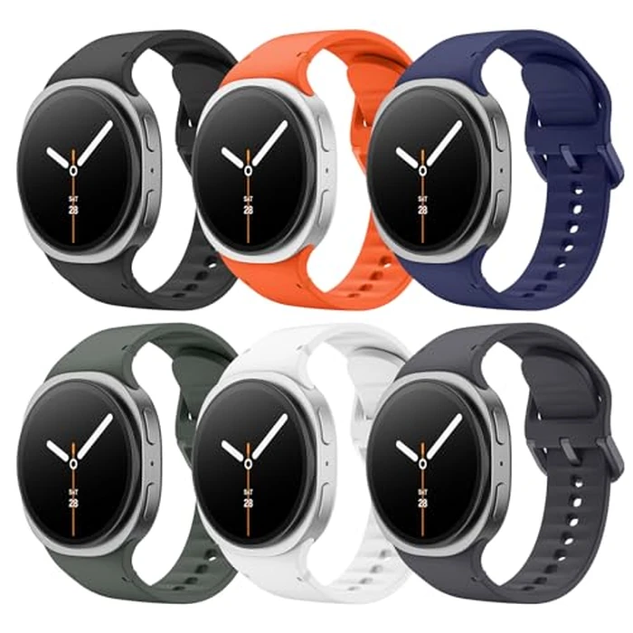 Astorgos 6 Pack Sport Bands Compatible for Samsung Galaxy Watch 8 Band 40mm 44mm/Galaxy Watch 8 Classic 46mm, No Gap Soft Silicone Strap for Men Women, M/L, BLK+WH+SG+AG+MB+O by Astorgos - Used - Very Good condition
