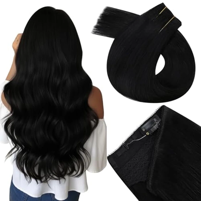 Easyouth Wire Extensions Human Hair Jet Black Invisible Wire Hair Extensions Black Wire Human Hair-Extensions Remy Straight Secret Wires Extension for Add Length and Volume 16 Inch 70g by Easyouth - Image 1