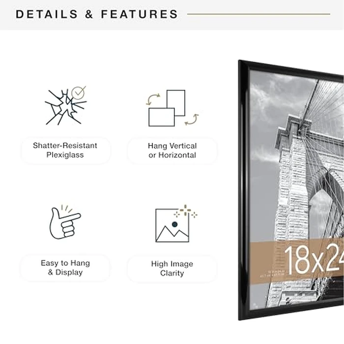 MCS Trendsetter 18x24 Poster Frame Black High-Gloss, Vertical & Horizontal Wall Hanging Large Picture Frame for Photos, Posters & Art Prints (1-Pack) by MCS - Image 6
