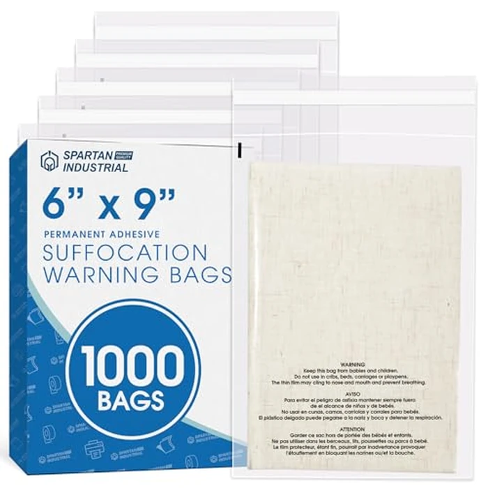 Spartan Industrial - 6" X 9" (1000 Count) Self Seal Clear Poly Bags with Suffocation Warning for Packaging, Shipping - Permanent Adhesive by Spartan Industrial - Used - Very Good condition - US$27.22