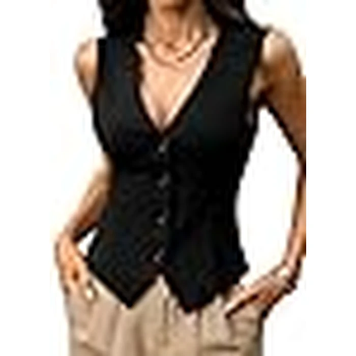 ELLEVEN Stretchy Knit Vest Tops for Women V Neck Fitted Button Down Vest Top Trendy Business Casual Outfits Fashion Waistcoat Black X-Large by ELLEVEN - Image 3