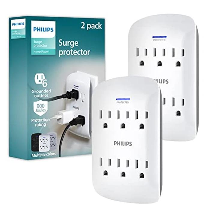 Philips 6-Outlet Extender Surge Protector, 2 Pack, Wall Tap, 900 Joules, 3-Prong, Space Saving Design, Protection Indicator LED Light, ETL Listed, White, SPP3466WA/37 by Philips - Used - Good condition