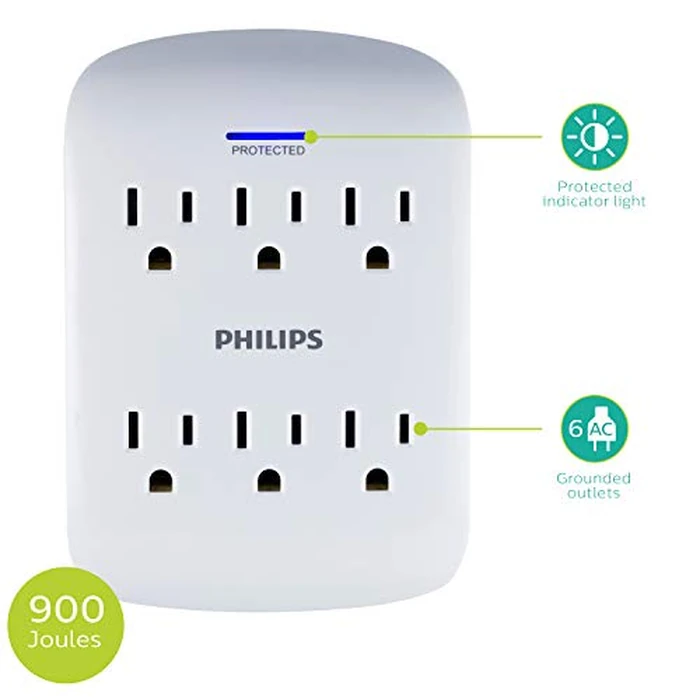 Philips 6-Outlet Extender Surge Protector, 2 Pack, Wall Tap, 900 Joules, 3-Prong, Space Saving Design, Protection Indicator LED Light, ETL Listed, White, SPP3466WA/37 by Philips - Image 2