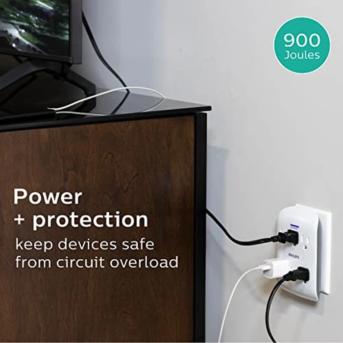 Philips 6-Outlet Extender Surge Protector, 2 Pack, Wall Tap, 900 Joules, 3-Prong, Space Saving Design, Protection Indicator LED Light, ETL Listed, White, SPP3466WA/37 by Philips - Image 4