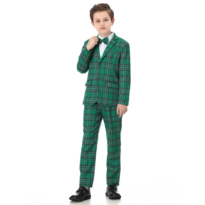 A&J DESIGN Kids Suit Boys Christmas St.Patrick's Easter Dress Outfit Tuxedo Formal Wear Plaid Blazer Pants Bow Tie Green 10-11 Years Teen Graduation Wedding Prom Suit Emerald Green by A&J DESIGN - Image 2