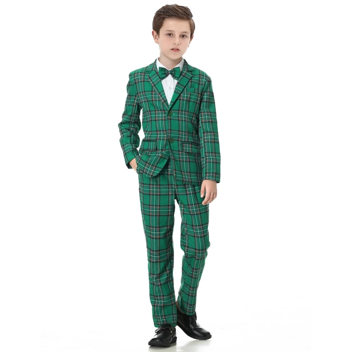 A&J DESIGN Kids Suit Boys Christmas St.Patrick's Easter Dress Outfit Tuxedo Formal Wear Plaid Blazer Pants Bow Tie Green 10-11 Years Teen Graduation Wedding Prom Suit Emerald Green by A&J DESIGN - Image 3