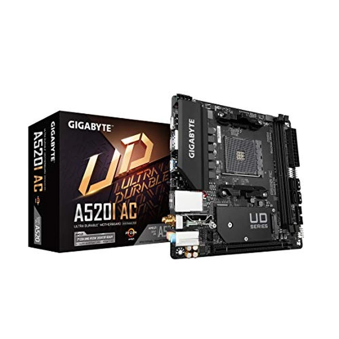 Gigabyte A520I AC (AMD Ryzen AM4/Mini-ITX/Direct 6 Phases Digital PWM with 55A DrMOS/Gaming GbE LAN/Intel WiFi+Bluetooth/NVMe PCIe 3.0 x4 M.2/3 Display Interfaces/Q-Flash Plus/Motherboard) by GIGABYTE - Used - Like New condition - US$94.99