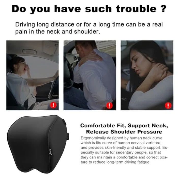 Crofy 2-Pack Car Neck Pillow, Softness Car Headrest Pillow for Driving with Adjustable Strap, 100% Memory Foam and Breathable Removable Cover, Comfortable Ergonomic Design, Black by Crofy - Image 4