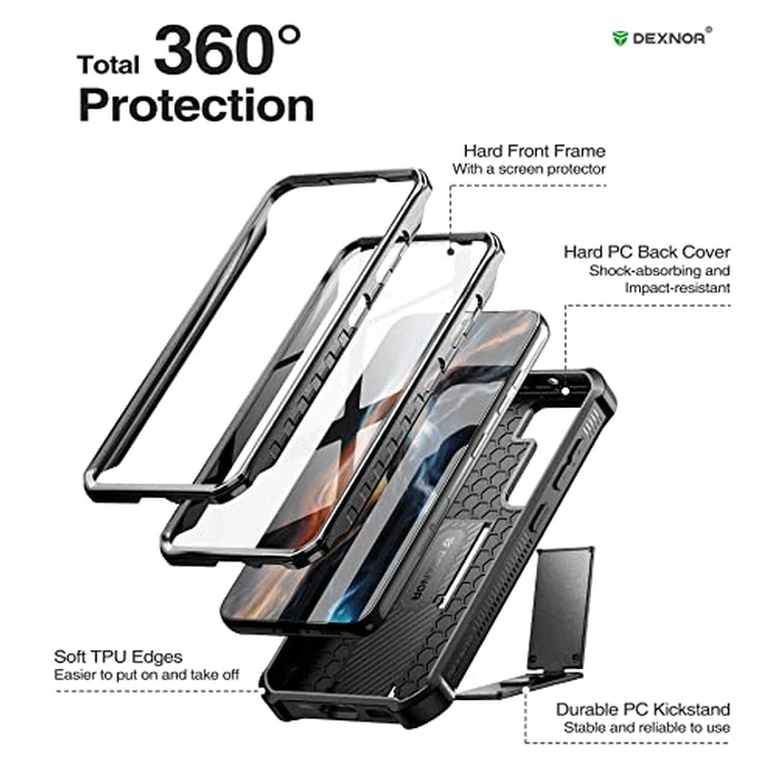 Dexnor Full Body Case for Samsung Galaxy S23【Double Front Frame & Kickstand 】, Bumpershock Technology Drop Protection Rugged Phone Cover Shockproof Protective Bumper Case - Black by Dexnor - Image 6