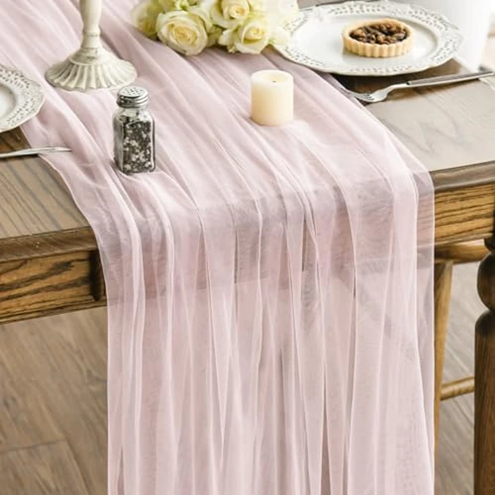 Artoid Mode 6PCS Blushing Pink Gauze Table Runner 120 Inch 10FT, Seasonal Sheer Kitchen Dining Holiday Wedding Birthday Baby Shower Table Decor for Home Party by Artoid Mode - Used - Like New condition - CA$24.61