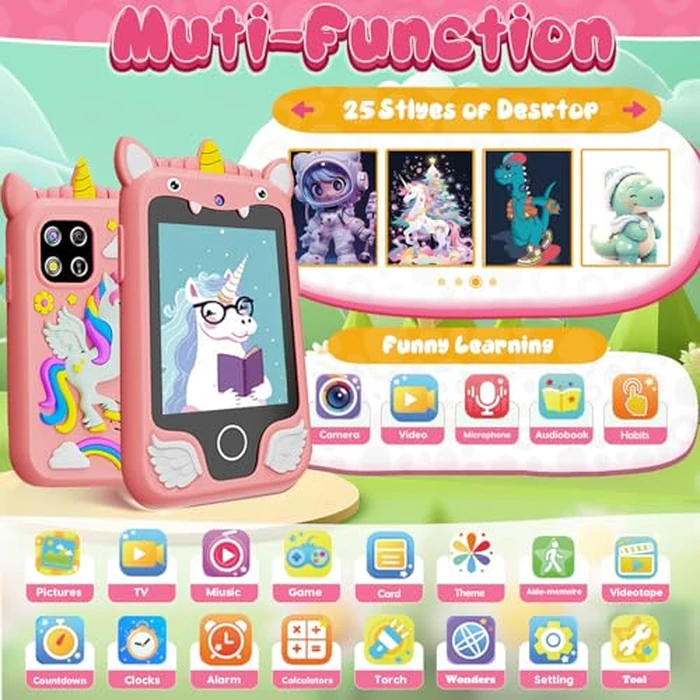 Kids Smart Phone with 25 Learning Games & Dual Camera Kids Smart Phone, 2.8" Touch Screen Toy with Music Video Player, 8G SD Card Gift for Girls Boys (Pink) by VolyCyrenic - Image 2