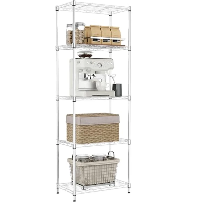 IZEUK 5 Tier Shelf - Heavy Duty Metal Storage Shelves with Adjustable Leveling Feet, Large Capacity Shelving Unit for Kitchen, Pantry, Office(Chrome, 5 Tier, 11.8" D x 17.7" Wx 55.0" H) by IZEUK - Used - Acceptable condition