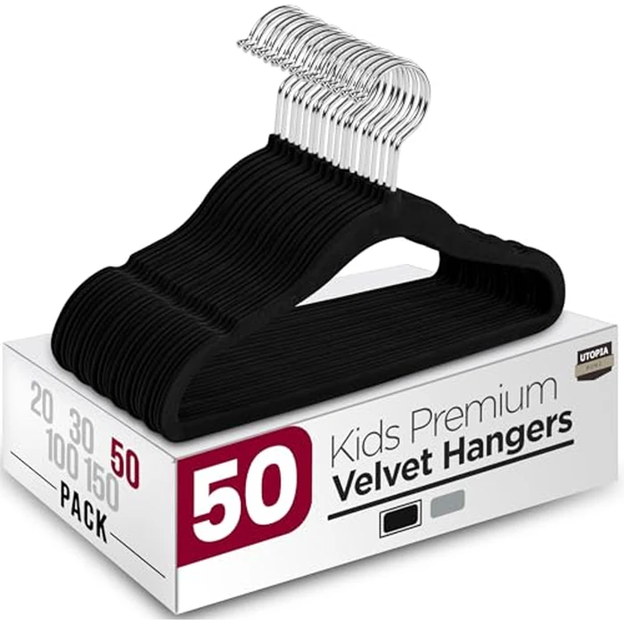 Utopia Home Baby Velvet Hangers 50 Pack, Non-Slip Baby Hangers for Kids, Infants & Toddler, Space Saving with 360-Degree Swivel Hook, Durable Small Clothes Hanger, (Black) by Utopia Home - Used - Good condition - CA$21.24
