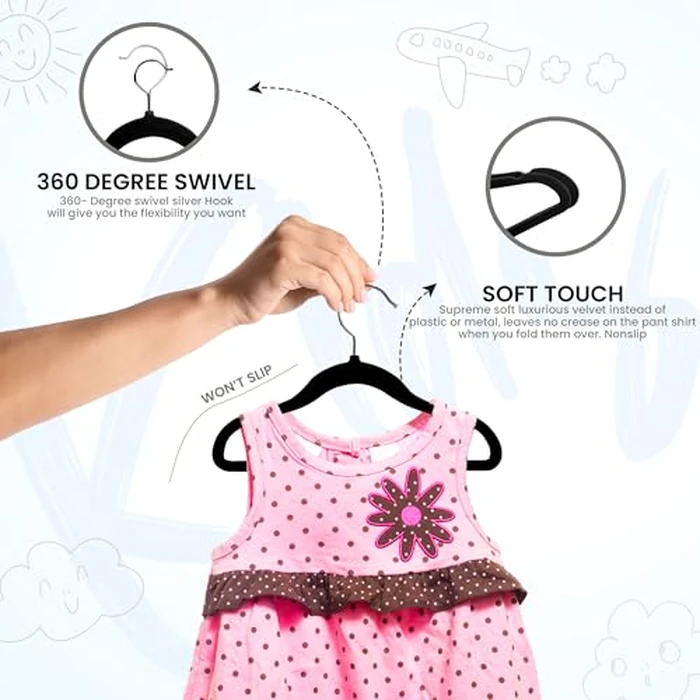 Utopia Home Baby Velvet Hangers 50 Pack, Non-Slip Baby Hangers for Kids, Infants & Toddler, Space Saving with 360-Degree Swivel Hook, Durable Small Clothes Hanger, (Black) by Utopia Home - Image 5