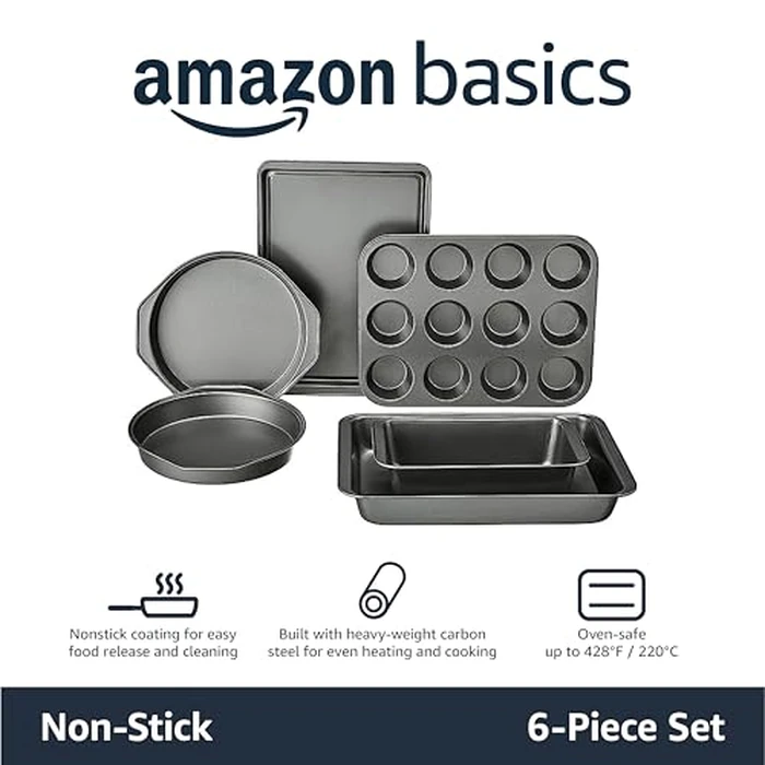 Amazon Basics 6 Piece Nonstick Carbon Steel Bakeware Set with Cake, Muffin, Cookie, and Loaf Pans, Easy Release, Oven Safe, 16.25 x 11.75 x 6.25 inches by Amazon Basics - Image 5