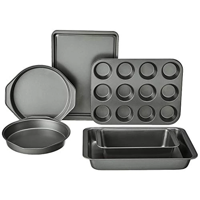 Amazon Basics 6 Piece Nonstick Carbon Steel Bakeware Set with Cake, Muffin, Cookie, and Loaf Pans, Easy Release, Oven Safe, 16.25 x 11.75 x 6.25 inches by Amazon Basics - Used - Like New condition