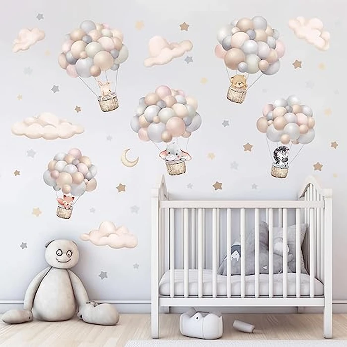wondever Balloon Flying Animal Nursery Wall Decal Clouds Stars Baby Room Decor Peel and Stick Wall Stickers for Toddler Room Kids Bedroom by wondever - Image 1