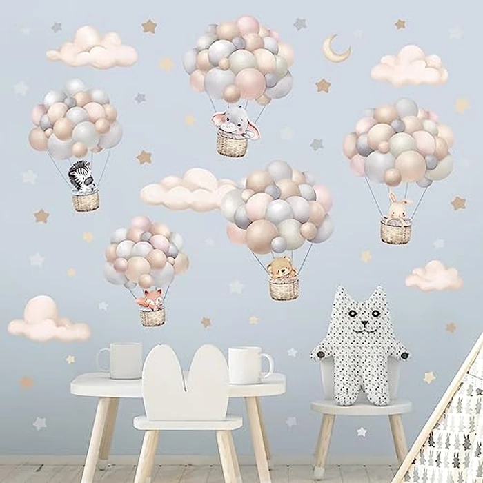 wondever Balloon Flying Animal Nursery Wall Decal Clouds Stars Baby Room Decor Peel and Stick Wall Stickers for Toddler Room Kids Bedroom by wondever - Image 2