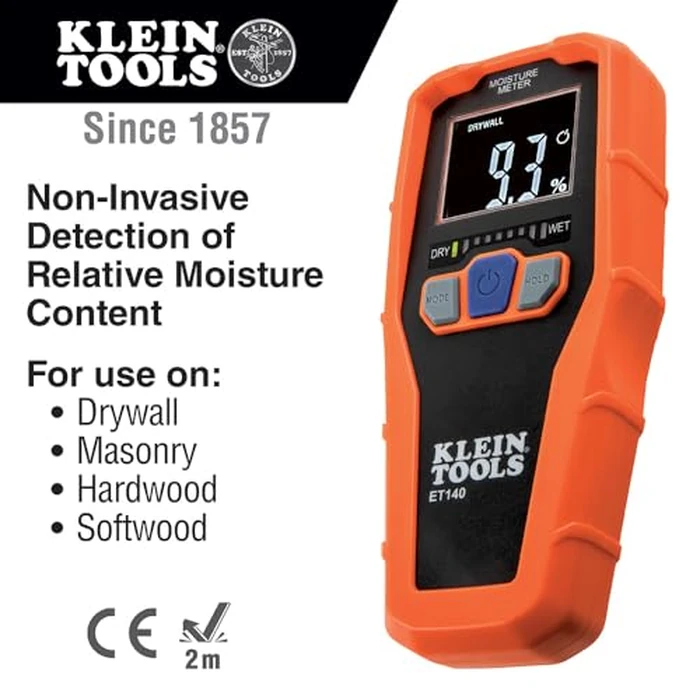 Klein Tools ET140 Pinless Moisture Meter for Non-Destructive Moisture Detection in Drywall, Wood, and Masonry; Detects up to 3/4-Inch Below Surface by KLEIN TOOLS - Image 2