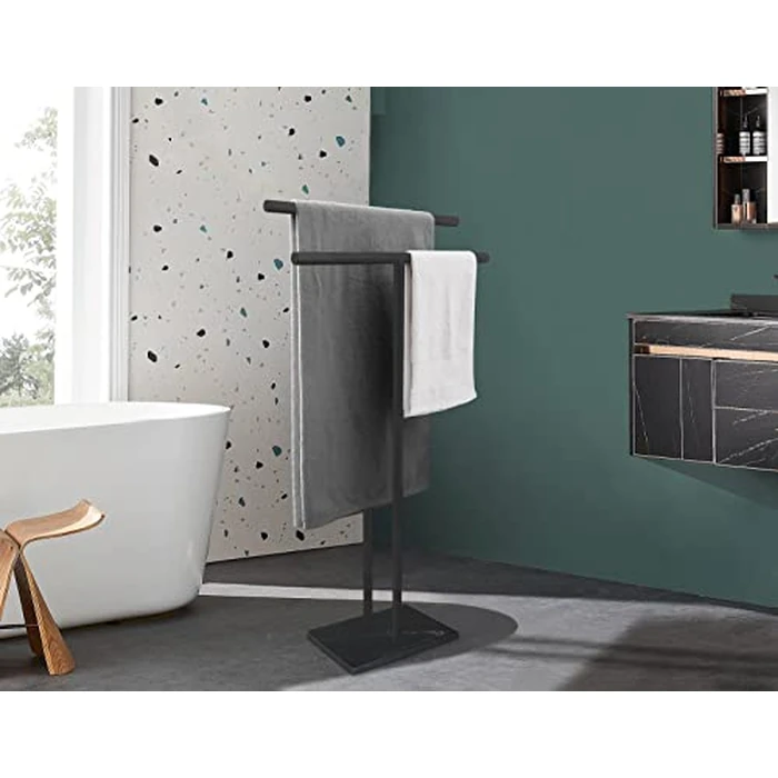 40 Inch Free Standing Towel Rack for Bathroom Floor Double-T Shape Bath Towel Sheet Holder with Marble Design Base Towel Rack Standing Next to Tub or Shower Towel Holder Stand SUS304 Matte Black by EADOT - Image 3