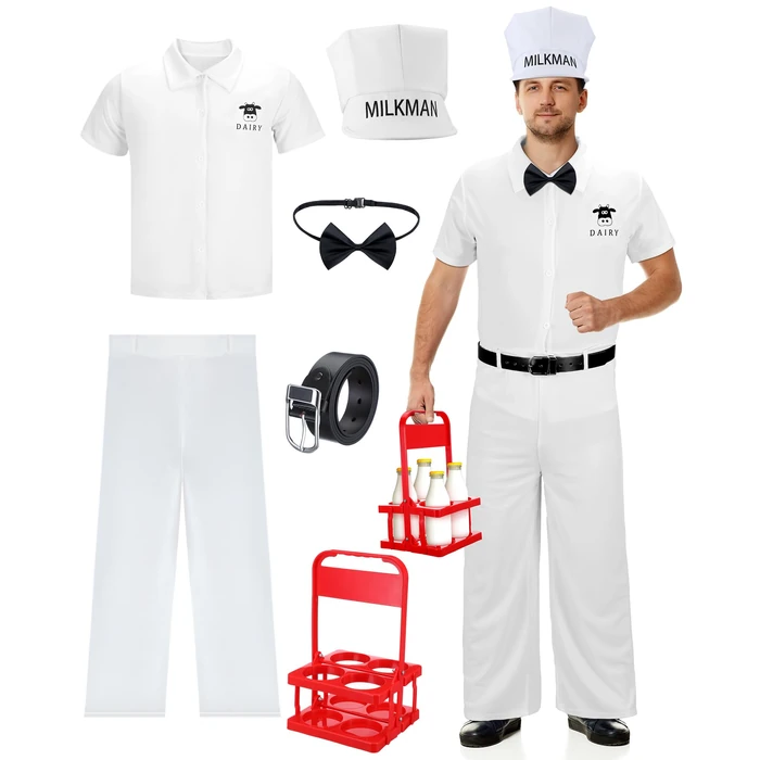 Cozypower 6 Pcs Halloween 50's Milkman Costume Set Include Milkman Hat Shirt Pants Bow Tie Belt Milk Basket for Cosplay Party (XL) by Cozypower - Used - Very Good condition