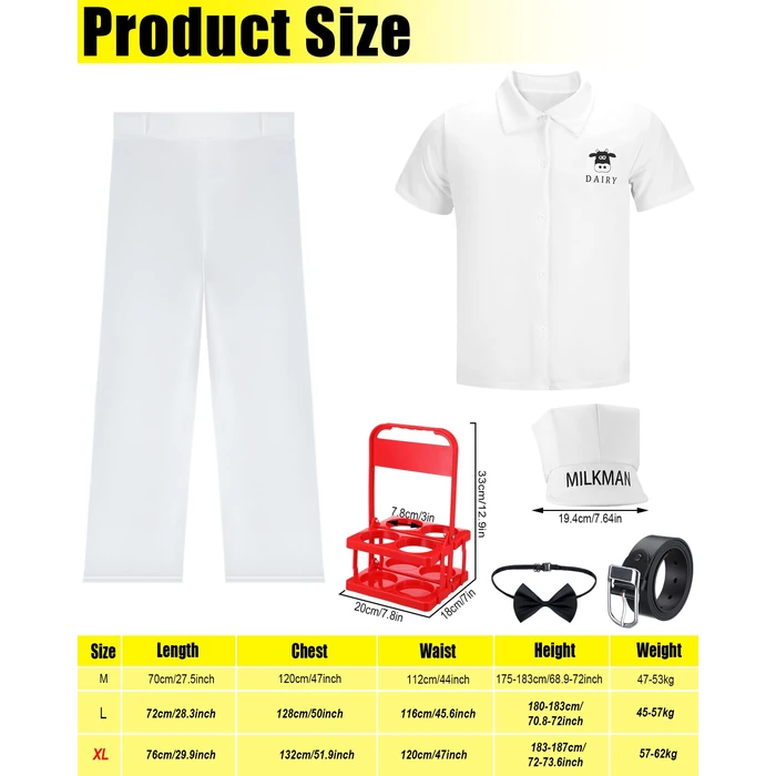 Cozypower 6 Pcs Halloween 50's Milkman Costume Set Include Milkman Hat Shirt Pants Bow Tie Belt Milk Basket for Cosplay Party (XL) by Cozypower - Image 2