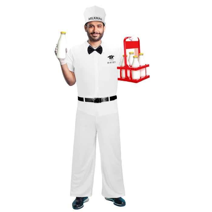 Cozypower 6 Pcs Halloween 50's Milkman Costume Set Include Milkman Hat Shirt Pants Bow Tie Belt Milk Basket for Cosplay Party (XL) by Cozypower - Image 3