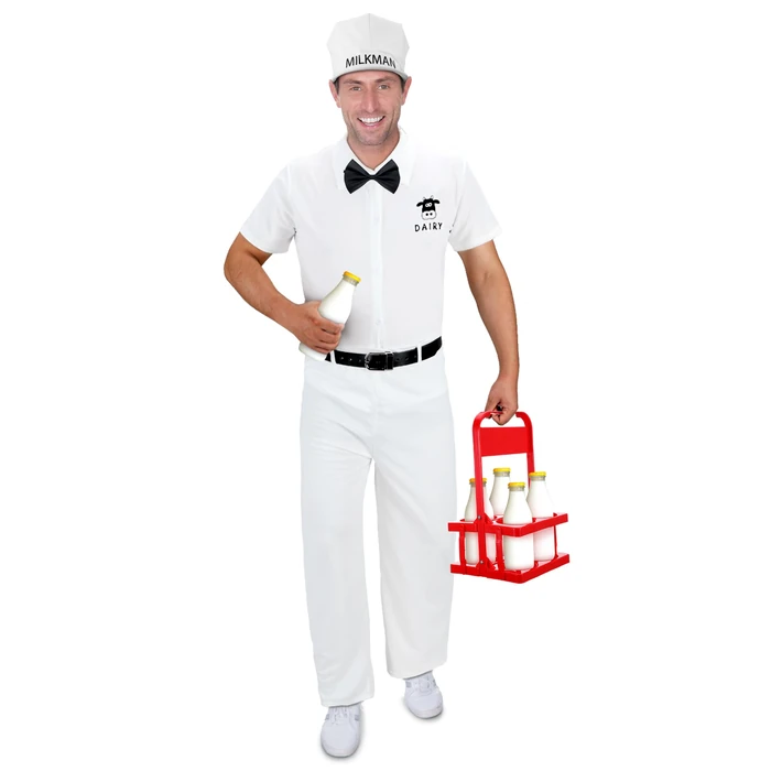 Cozypower 6 Pcs Halloween 50's Milkman Costume Set Include Milkman Hat Shirt Pants Bow Tie Belt Milk Basket for Cosplay Party (XL) by Cozypower - Image 7