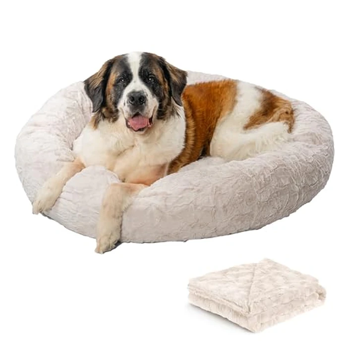 Best Friends by Sheri Bundle Set The Original Calming Lux Donut Cuddler Cat and Dog Bed + Pet Throw Blanket Oyster Extra Large 45" x 45" by Best Friends by Sheri - Used - Very Good condition - CA$89.27