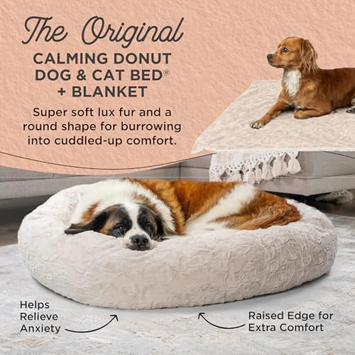Best Friends by Sheri Bundle Set The Original Calming Lux Donut Cuddler Cat and Dog Bed + Pet Throw Blanket Oyster Extra Large 45" x 45" by Best Friends by Sheri - Image 2