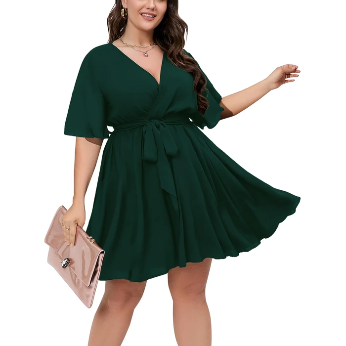 SCOMCHIC Women's Plus Size Emerald Green Short Dress Short Sleeve V Neck Wrap Solid Casual Summer Mini Dress 2XL by SCOMCHIC - Used - Like New condition - US$36.28