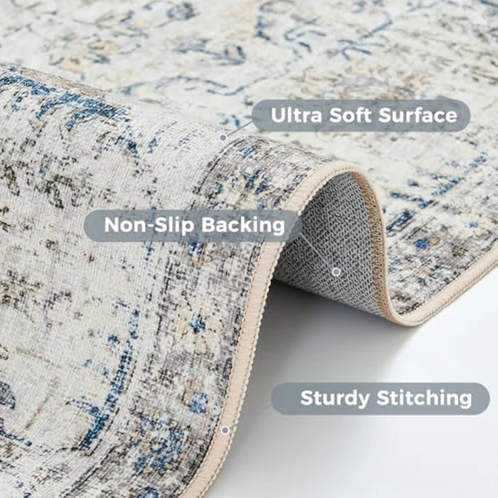 JINCHAN Runner Rug 2x5 Area Rug Vintage Hallway Indoor Floor Cover Washable Rug Retro Distressed Carpet Blue Multi Floral Print Country Accent Rug Non Slip Bathroom Kitchen Bedroom Living Room by jinchan - Image 3