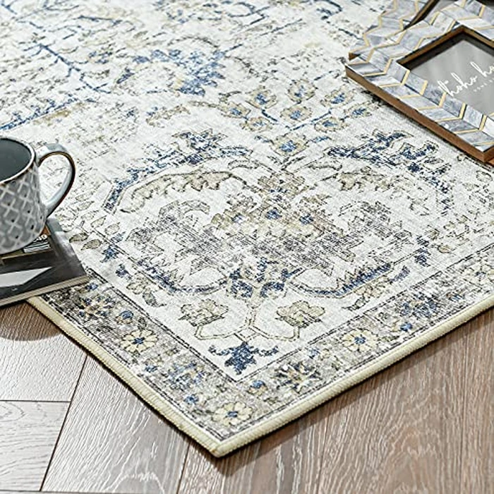 JINCHAN Runner Rug 2x5 Area Rug Vintage Hallway Indoor Floor Cover Washable Rug Retro Distressed Carpet Blue Multi Floral Print Country Accent Rug Non Slip Bathroom Kitchen Bedroom Living Room by jinchan - Image 8
