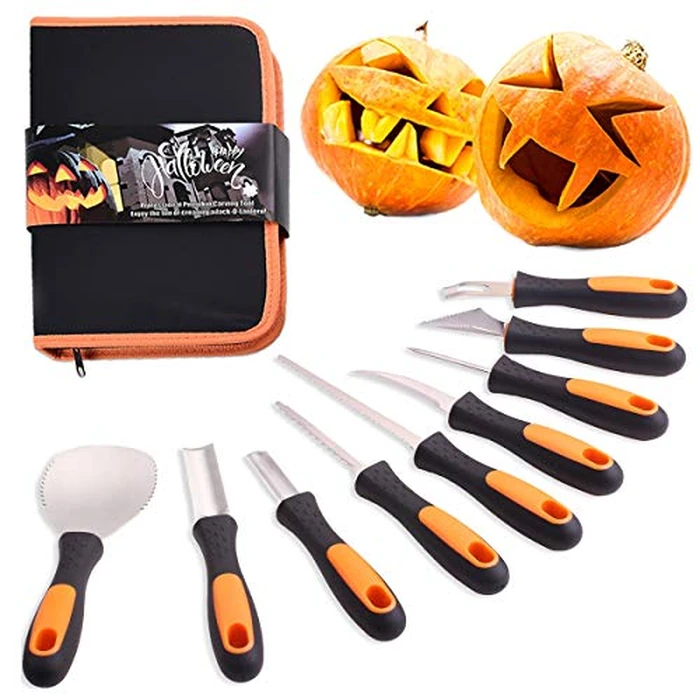 7Felicity Professional Halloween Pumpkin Carving Kit, Anti-Slip Rubber Handle, 9 Piece Stainless Steel Pumpkin Carving Tools Knife Set for Halloween DIY Decoration, with Storage Bag and Stencils by 7Felicity - Image 1