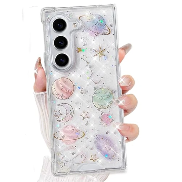AuroiCCY for Samsung Galaxy Z Fold 7 5G Glitter Case, Shockproof Bling Star Crystal Clear Cute Sparkle Soft TPU Bumper PC Protective Phone Cover for Women Girls for (Planet) by AuroiCCY - Image 1