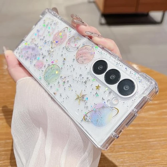 AuroiCCY for Samsung Galaxy Z Fold 7 5G Glitter Case, Shockproof Bling Star Crystal Clear Cute Sparkle Soft TPU Bumper PC Protective Phone Cover for Women Girls for (Planet) by AuroiCCY - Image 2