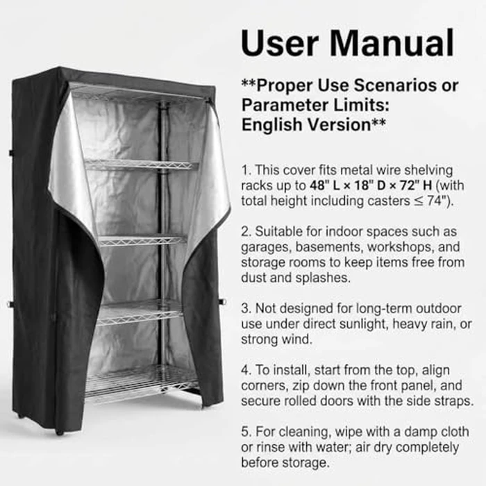 QWORK High Density Waterproof/Dustproof Storage Shelf Cover, Fits Racks 48"L x 18"D x 72"H - 1 Pack (Black) by QWORK - Image 1