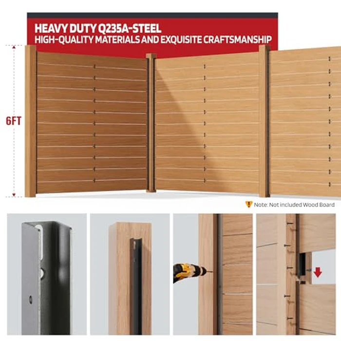 ZiViLi 6FT No Dig Privacy Metal Fence Post for Wood Slat U-Shape，Black Line Post Outdoor Privacy Fence Panels Butt-Joint 4Pack by ZiViLi - Image 4