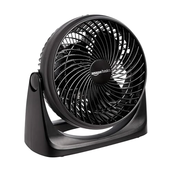 Amazon Basics Air Circulator Desk Fan for Bedroom, Home and Office, 90-Degree Tilt Head, 3 Speed Settings, Cooling, 35 Watts, Black, 11.1"W x 6.3"D x 10.9"H by Amazon Basics - Used - Good condition - US$15.02