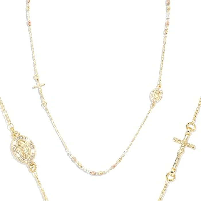 J&H DiaJuvelo Rosary Beads Cross Necklace for Women, 14k Gold Plated Virgin Mary Sideways Necklaces Choker Non Tarnish Golden Catholic Virgen de Guadalupe Choker Jewelry Religious Rosarios Catolicos Baptism Confirmation Gift (Gold-3*4XW-H) by J&H DiaJuvelo - Used - Like New condition