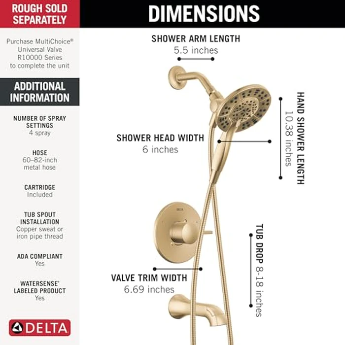 Delta Faucet Albion 14 Series Single-Handle Tub and Shower Faucet Set, Gold Shower Trim Kit with 4-Setting In2ition 2-in-1 Dual Shower Head, Champagne Bronze T144855-CZ-I (Valve Not Included) by DELTA - Image 4