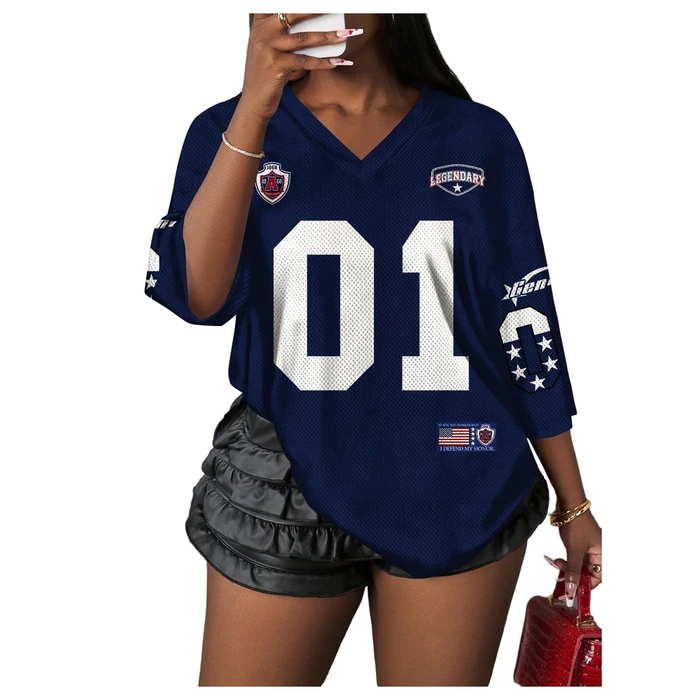 RoseSeek Women's Number Graphic Mesh Jersey Shirts V Neck Half Sleeve Sports Tee Tops Oversized Tshirts Streetwear Deep Blue Medium by RoseSeek - Used - Like New condition - US$21.61